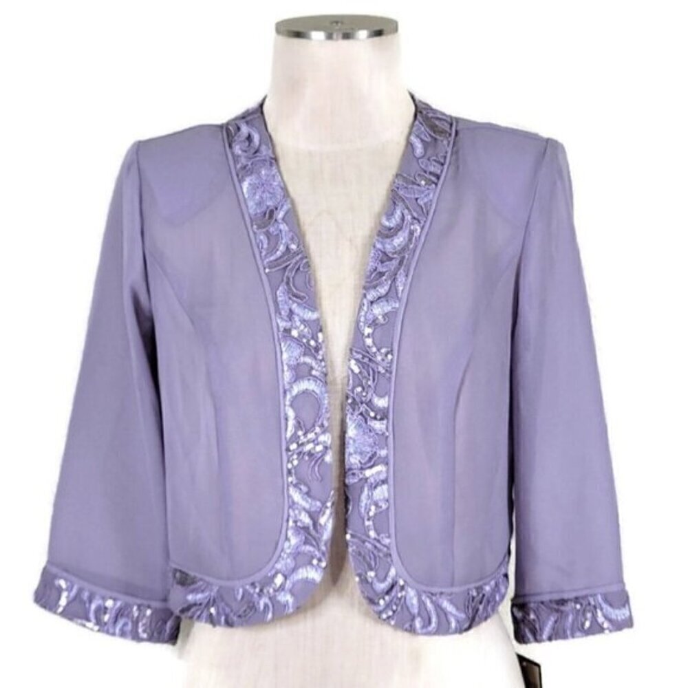 Maya Brooke Cropped Dress Jacket Blazer Size 8 Lavender Sequins Sheer Open New